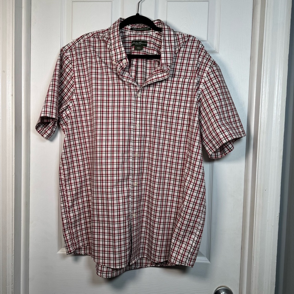 Eddie Bauer Mens XL Red Plaid Cotton Short Sleeve Button Down Shirt